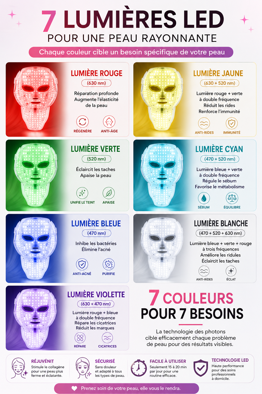 Masque LED 7 Couleurs Visage & Cou Soin Anti-Âge et Photothérapie Professionnelle